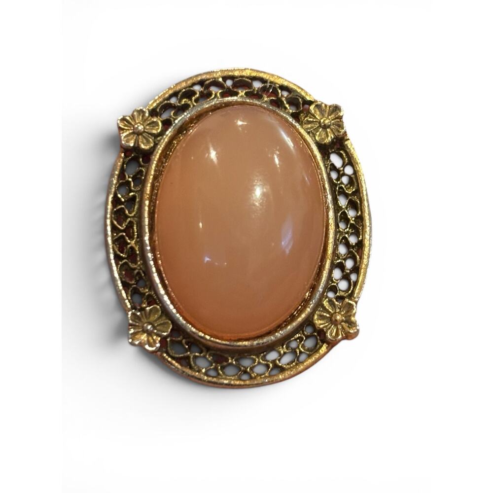 Peach Glass Cabochon Brooch Gold Filigree Floral Frame Mid Century 1950s Pin